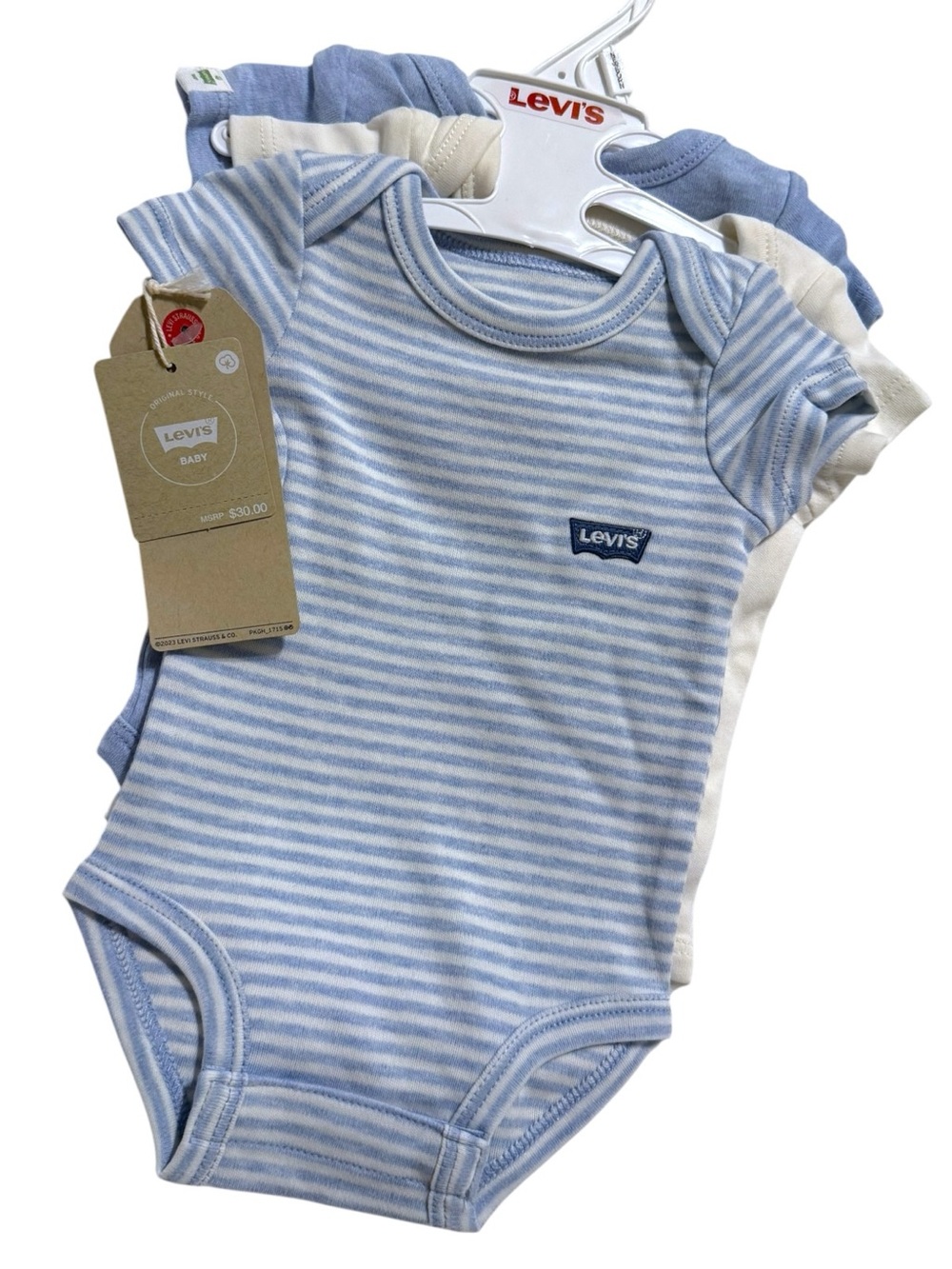 Levi’s Baby Organic Cotton 3-Pack Short Sleeve Bodysuits Blue & White Newborn